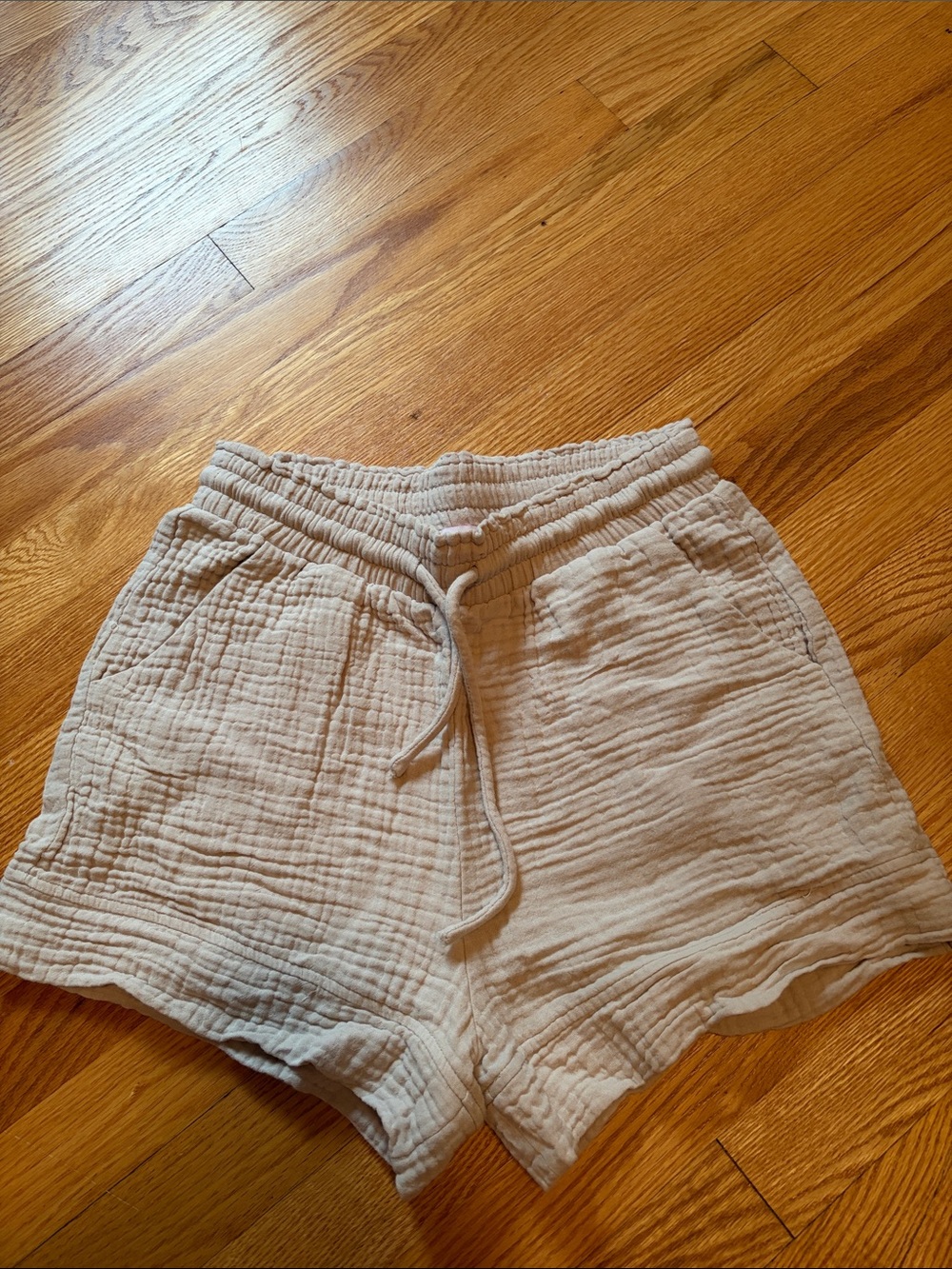 Pink Lily Cream Gauze Drawstring Athletic Shorts